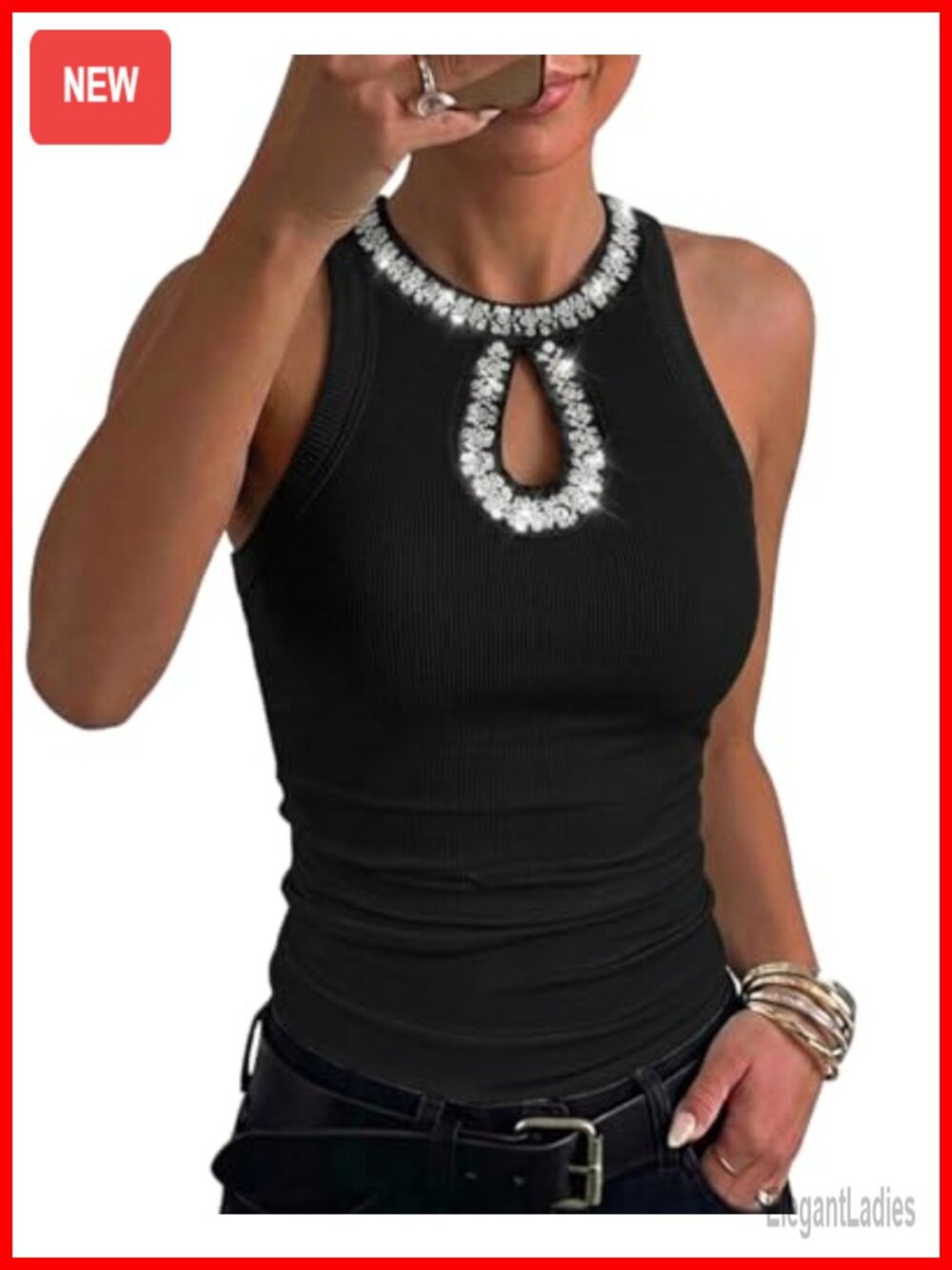 Rhinestone Sequin Keyhole Ribbed Tank Top Sleeveless Summer Top